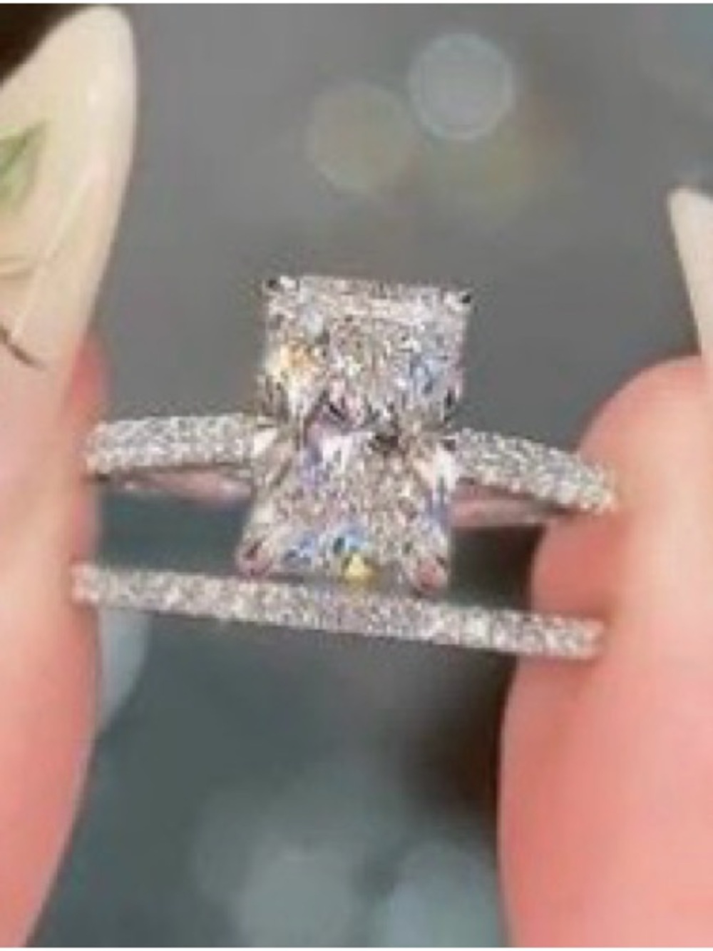 Silver-tone Radiant Cut Double Band Ring with Clear Center Stone
